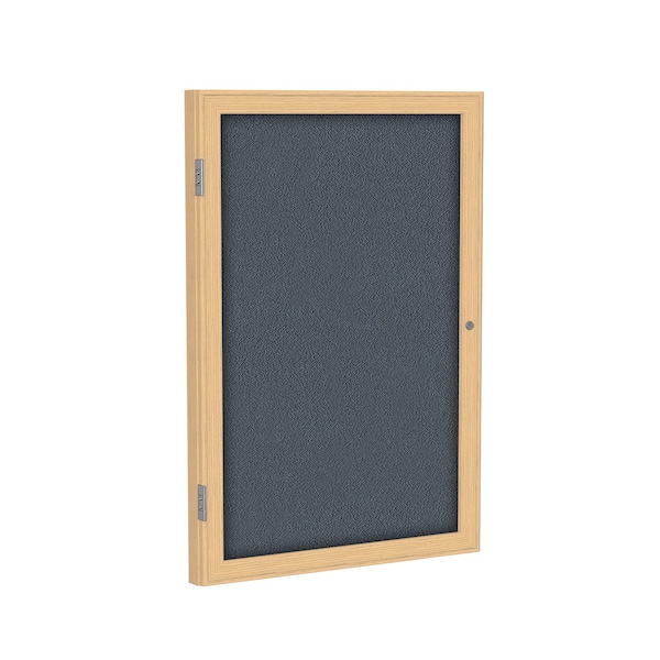Enclosed Bulletin Board, 1 Door, Fabric, Oak Frame, 2 ft H x 18 in W, Gray